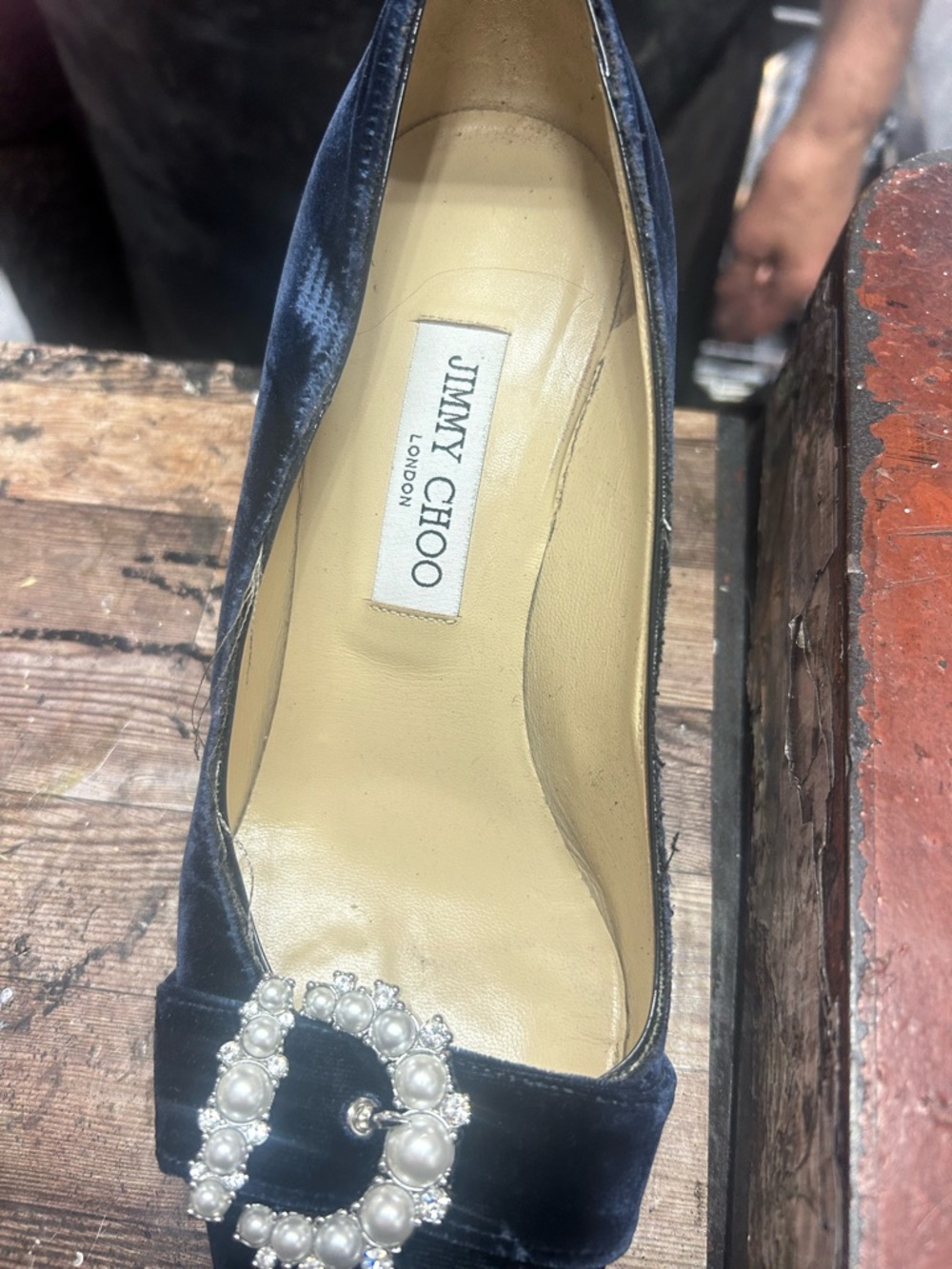 Jimmy Choo Navy Velvet Pearl-Embellished Pump
